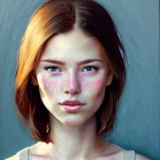 Prompt: Facial portrait of a pretty cottagecore girl, looking at the camera, slight awkward smile, lips slightly parted, very light freckles, no hands visible, extremely detailed painting by Greg Rutkowski and by Steve Henderson and by Harumi Hironaka