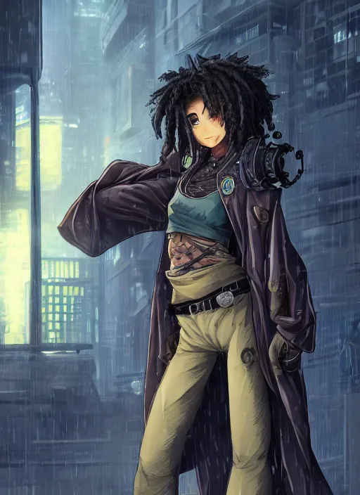 Image similar to character portrait of a female anthro hyena fursona with a cute beautiful attractive face and long black curly hair wearing jedi robes in a cyberpunk city at night while it rains. hidari, color page, tankoban, 4K, tone mapping, Akihiko Yoshida.