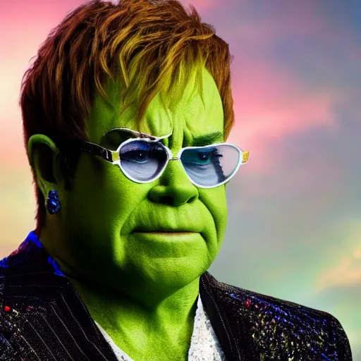 Image similar to Elton John as The Hulk, cinematic, movie still, 8k, photorealistic, dramatic,