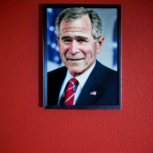 Image similar to An Alec Soth portrait photo of George W. Bush with bright red glowing eyes, sweat is glistening on his face