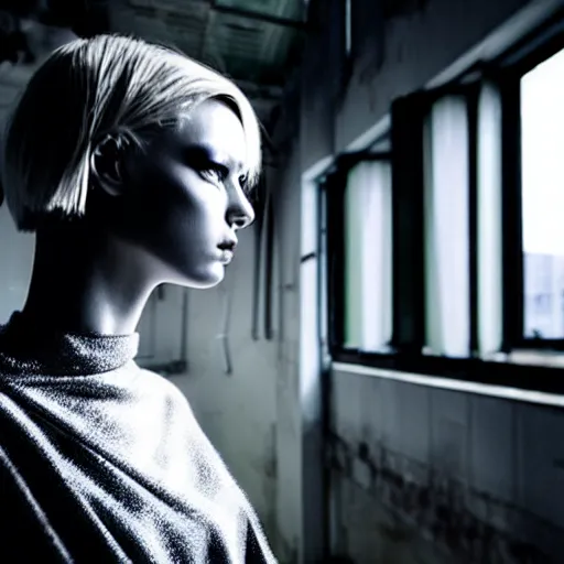 Image similar to worried, runaway beautiful supermodel replicant looking out the window in a dirty abandoned factory, short blonde hair, cyberpunk outfit, still from closed circuit tv footage, high angle