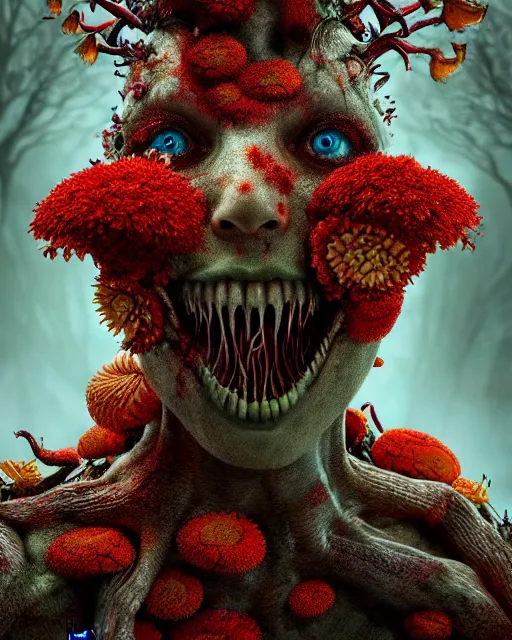 Image similar to a disturbing horror photograph of an amazing fantasy creature made out of nature and flowers and fungus, intricate, hyperrealism, sharp focus, cinematography, highly detailed, octane render, digital horror artwork, matte, photography by professional photographer