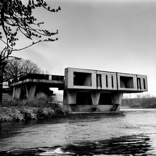 Image similar to a floating upside down brutalism architecture, ilford hp 3, photo from 1 9 5 0, emerged by a river