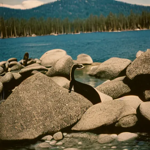 Image similar to nessie at lake tahoe, vintage film, 5 0 mm