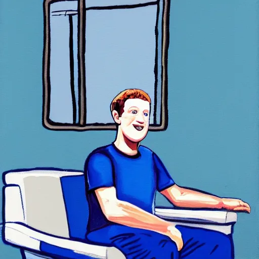 Prompt: painting of mark zuckerberg swearing a blue shirt, sitting on a white chair next to a mirror, room with white walls, by david hockney