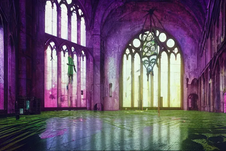 Image similar to abandoned 9 0 s cathedral interior with large organic circular windows, rain like a dream, oil painting, cinematic, dramatic, volumetric lighting, cyberpunk, basquiat + francis bacon + gustav klimt + beeple, elevated street art, fantasy lut, textural, pink, blue, purple, green,