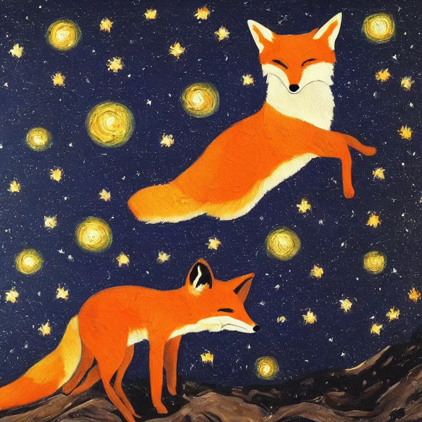 Image similar to a painting of a fox looking up at the stars in the style of Starry Night, highly detailed,