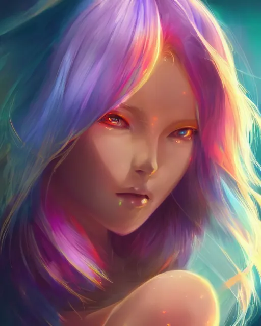 Image similar to A realistic anime portrait of a beautiful cosmic woman with glowing rainbow eyes and cosmic skin wearing clothes made of universes, digital painting, by Stanley Artgerm Lau, Sakimichan, WLOP , Makoto Shinkai and Rossdraws, digital painting, trending on ArtStation, SFW version