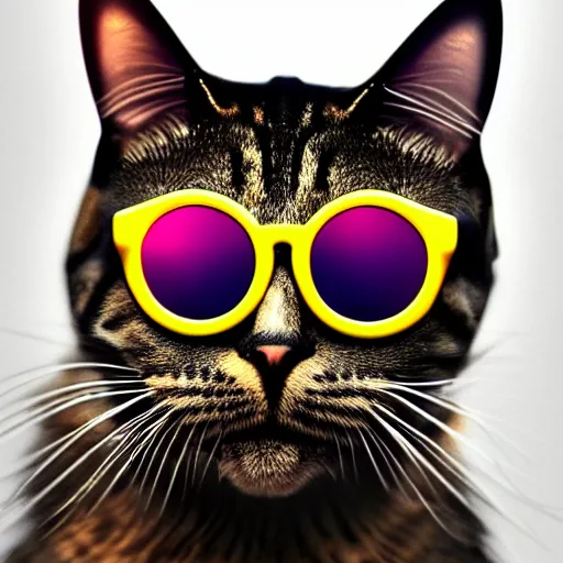 Prompt: A cat wearing sunglasses, colorful, illustration, trending on artstation, dramatic lighting, concept art, high quality, detailed,