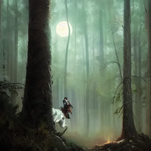 Image similar to beautiful tattooed woman with short curly brown hair riding unicorn through the woods full moon, landscape, scenery, oil painting, Tooth Wu, Greg Rutkowski, RPG, dynamic lighting, fantasy art, High contrast, depth of field