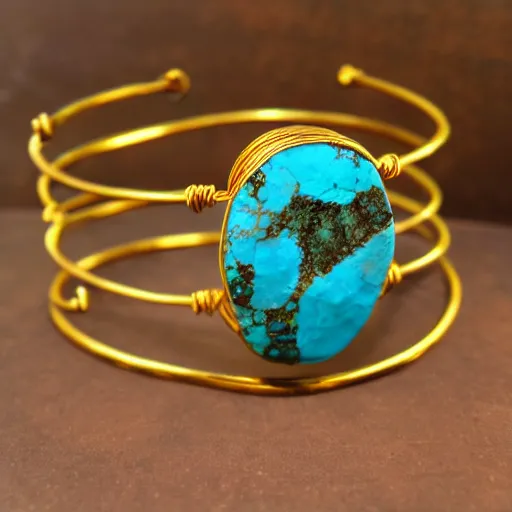 Image similar to Ancient Primitive Gold Bangle, 14K Gold Wire, Single Center Turquoise, Shungite Bangle, Mineral and Gold Jewelry, Product Photography