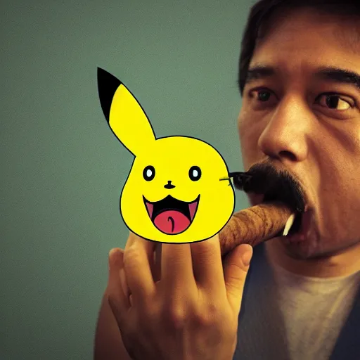 Prompt: pikatchu with a moustache, smoking a cigar with an angry expressive face, detailed photography