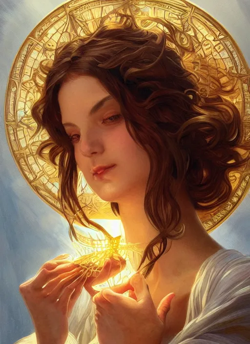 Image similar to close up portrait of beautiful angel holding golden orb of light, d & d, face, fantasy, intricate, elegant, highly detailed, digital painting, artstation, concept art, smooth, sharp focus, illustration, art by artgerm and greg rutkowski and alphonse mucha