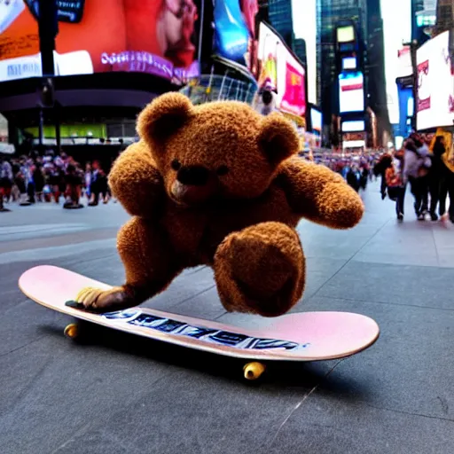 Prompt: a photo of a teddy bear on a skateboard in times square