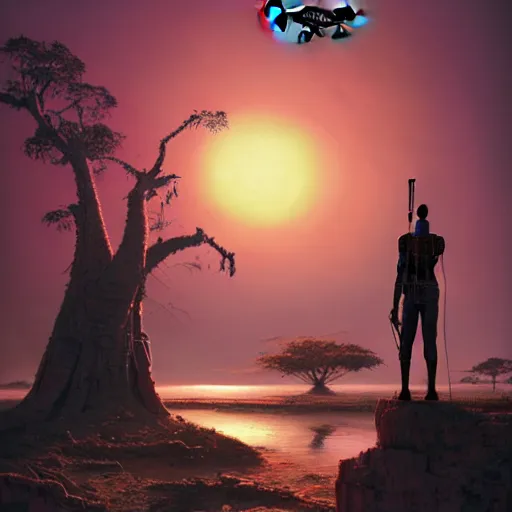 Prompt: a zulu cyberpunk hunter with a drone near a pink lake witha a baobab tree at sunset by greg rutkowski and android jones in a surreal portrait style, oil on canvas, backview, 8k resolution.