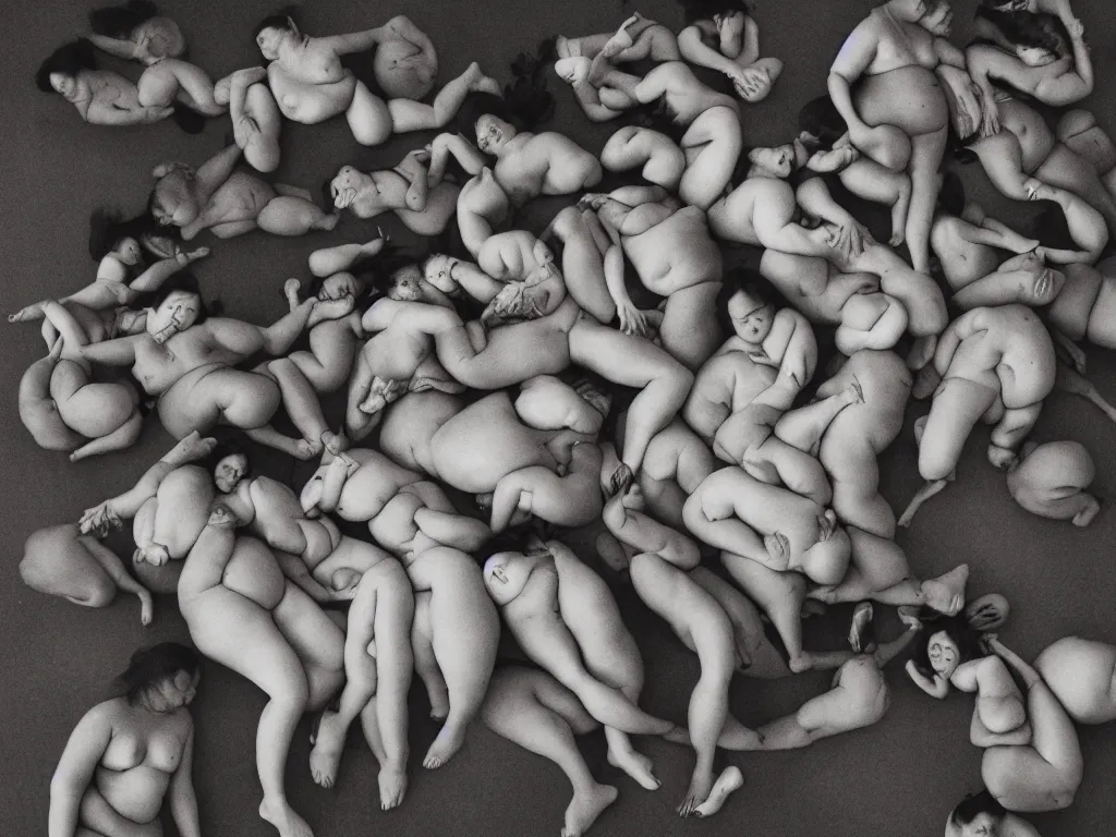 Image similar to a group of fat human bodies intertwined, dense fog, in the style of nobuyoshi araki and klimt,