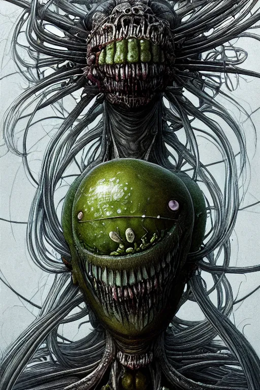 Image similar to very very beautiful longshot photo of chthonic pickle Rick, highly detailed, artstation, concept art, smooth, sharp focus, illustration, art by Ayami Kojima, Beksinski, Giger