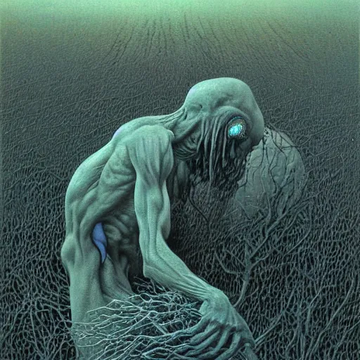 Image similar to horrifying creatures devouring humans painting by Zdzisław Beksiński