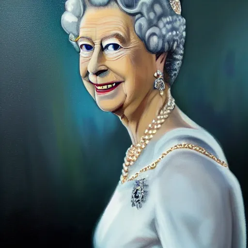 Image similar to ultra realistic painting of queen elizabeth ii in the 1 9 8 9 city of tacoma, wearing a water soaked white short dress, looking into the camera with a smirk, art by ross draws, 4 k, ultra realistic, highly detailed, epic lighting