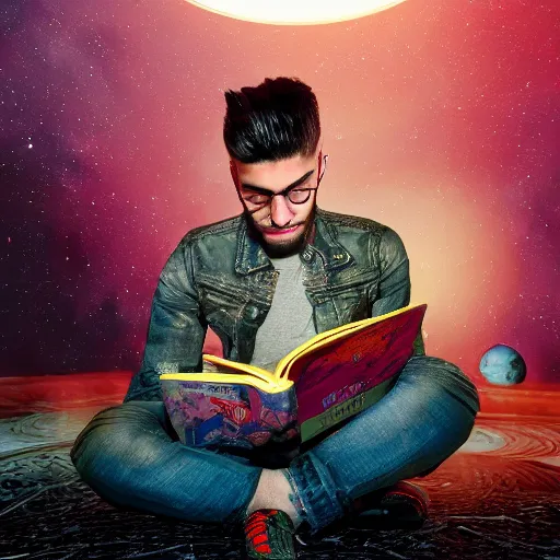 Prompt: Zayn reading a book sitting on top of a planet + Cinematic Lighting + Deep Shadows + Hyper Realistic + Hyper Maximalist + Maximalist Composition + Intricate Details + Rendered in Octane + Trending on Artstation + Hall of Fame on Cgsociety + 8K portrait + 8k Post-Processing Highly Detailed + Rendered by Octane Engine + 8K Artstation 8k Detail Post Processing + Octane Render