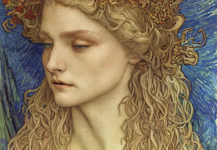 Image similar to detailed realistic beautiful young medieval queen face portrait by jean delville, alphonse mucha, vincent van gogh, and marco mazzoni, art nouveau, symbolist, visionary, gothic, pre - raphaelite