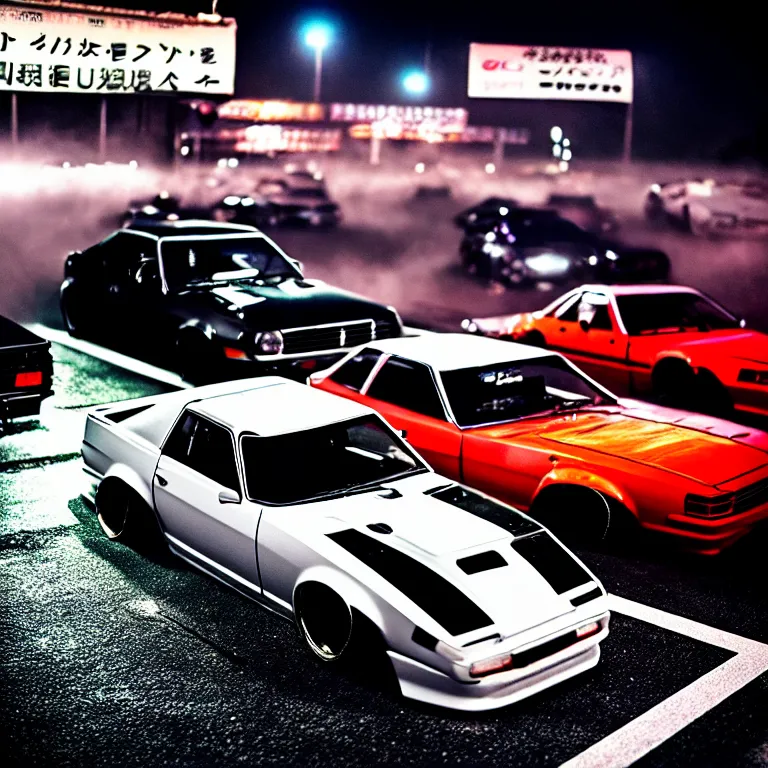 Image similar to a car S30 twin turbo drift at illegal car meet, Gunma prefecture, city midnight mist lights, cinematic lighting, photorealistic, highly detailed wheels, high detail