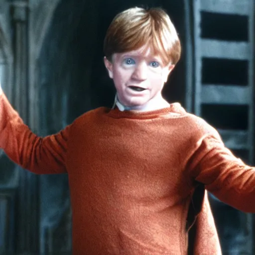 Prompt: Robin Williams playing Ron Weasley in Harry Potter, screenshot