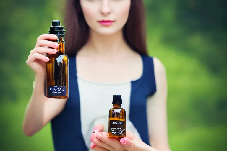 Prompt: beautiful girl holding a bottle of hawthorn tincture in her hands, professional shooting, model shooting, high quality, professional light,