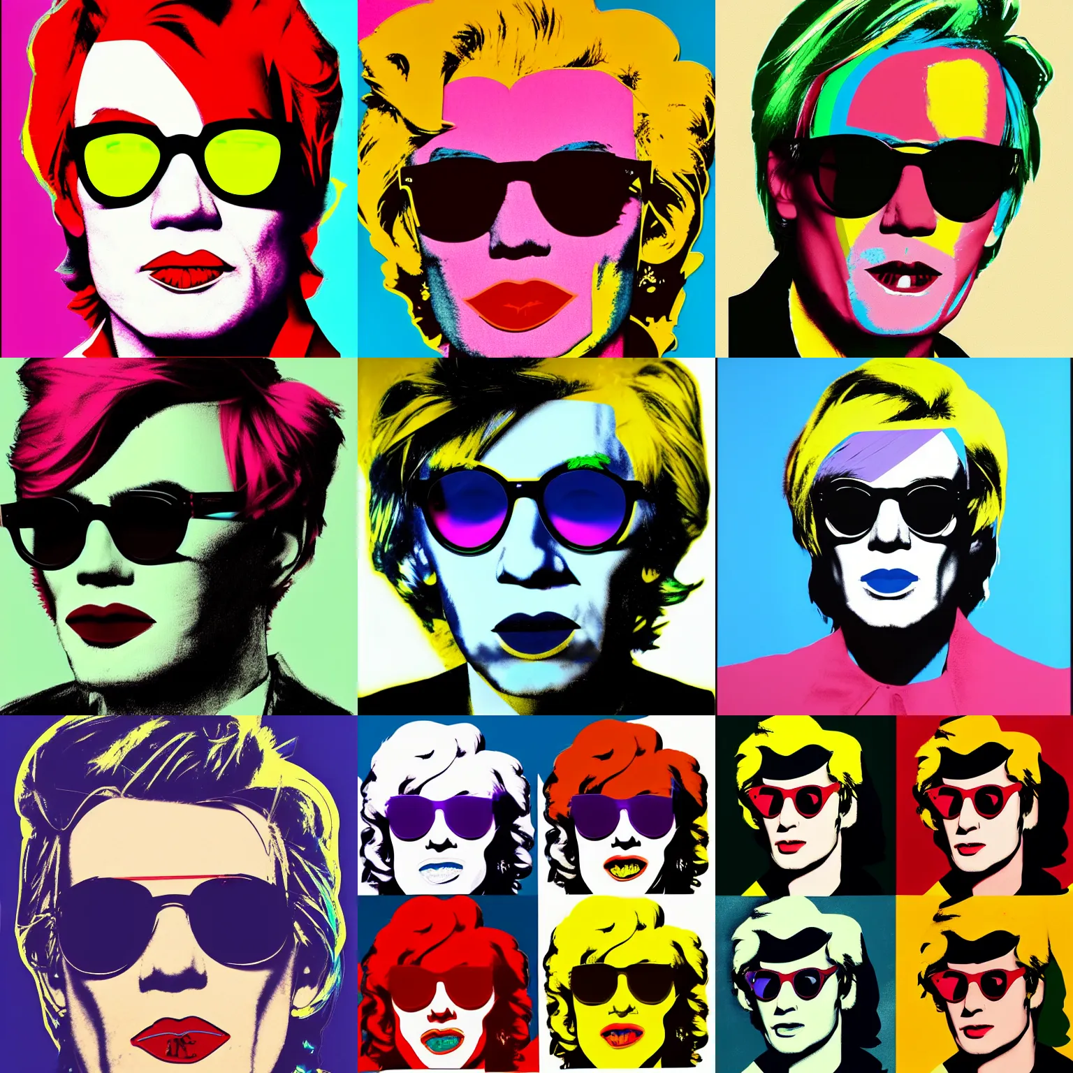 Prompt: color portrait of vain andy warhol looking sternly into the camera and wearing designer sun glasses, in the style of andy warhol, high quality, trending on artstation, hd