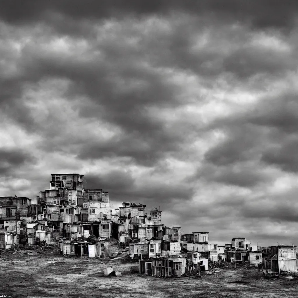 Image similar to towers made up of colourful makeshift squatter shacks, bleached colours, moody cloudy sky, dystopia, mamiya, very detailed, photographed by ansel adams