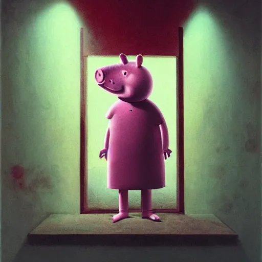 Prompt: Portrait of Peppa Pig, by Beksiński, horror, cinematic lighting, hyper detailed, 8k