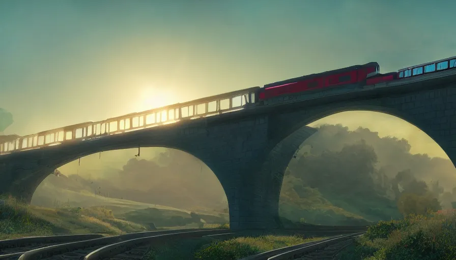 Prompt: futuristic train crossing aqueduct, green hills, matte painting, artstation, sunrise, blue sky