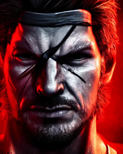 Image similar to solid snake portrait, cinematic lighting, anguished crying screaming black atmospheric background, 4 k photography hdr