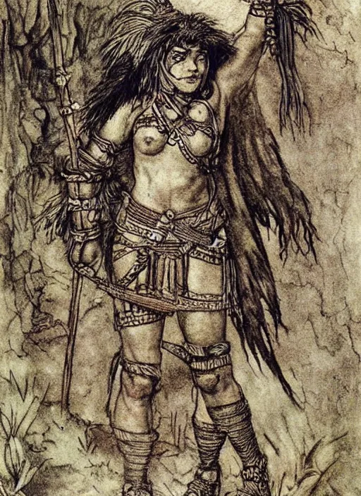 Image similar to barbarian warrior girl in tribal painting by Arthur Rackham