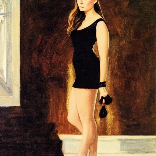 Prompt: elizabeth olsen in a black dress, classic painting, detailed