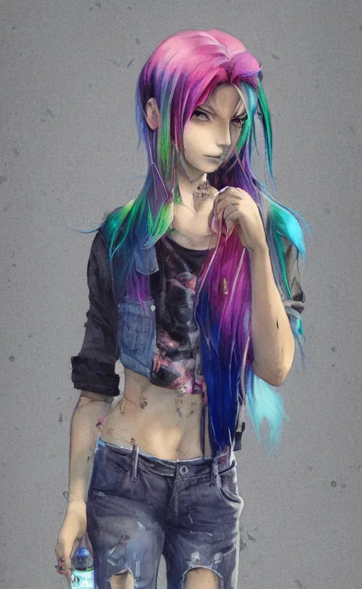 Image similar to a grungy woman with rainbow hair, drunk, holding bottle, soft eyes and narrow chin, dainty figure, long hair straight down, torn kawaii shirt and baggy jeans, basic white background, In style of by Jordan Grimmer and greg rutkowski, crisp lines and color,