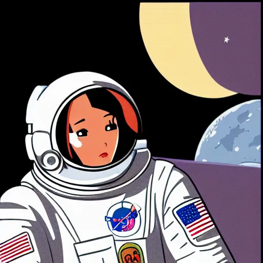 Prompt: An astronaut in space, in the style of hiroshi nagai