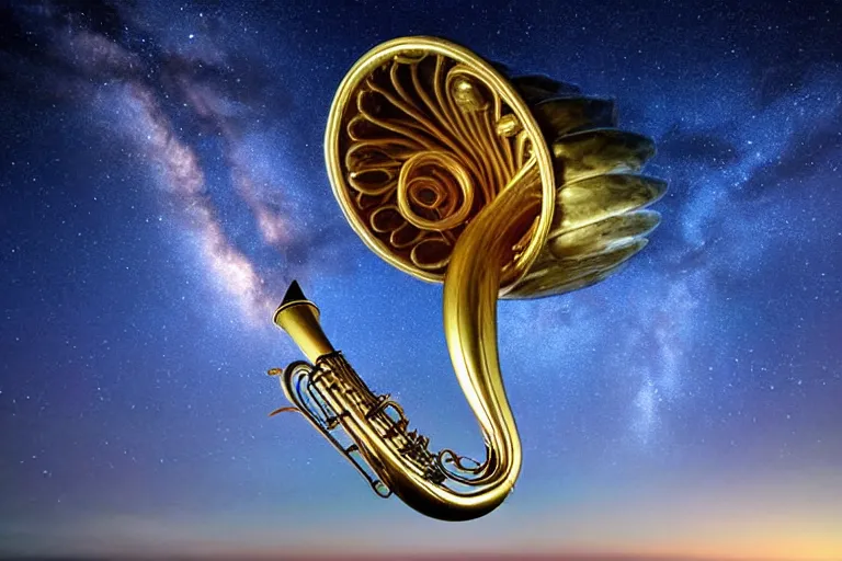 Image similar to intricate ornate varied tuba cloud sculpture landscape, art nouveau environment, tense, milky way, award winning art, epic dreamlike fantasy landscape, ultra realistic,