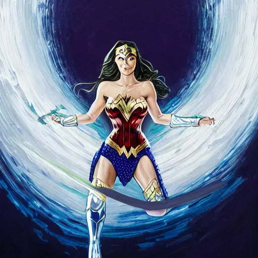 Prompt: highly detailed painting of wonder woman floating in the center, white hair, glowing green eyes, dark blue to white center background, 4 k, ultra realistic,