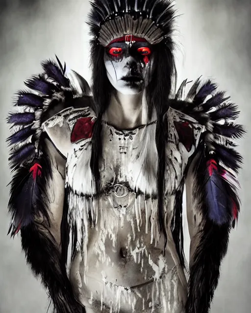 Image similar to wolf - human hybrid mutant ghost - spirit of the grim - warpaint wears the scarlet skull armor and native blood headdress feathers, midnight fog - mist!, dark oil painting colors, realism, cinematic lighting, various refining methods, micro macro autofocus, ultra definition, award winning photo, photograph by ghostwave - gammell - giger - shadowlord