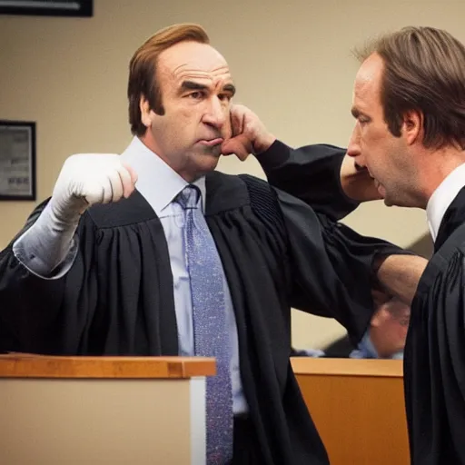 Prompt: Saul Goodman punching a judge in the face