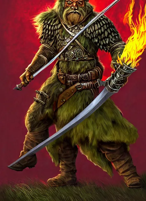 Image similar to strong young man, photorealistic bugbear ranger holding a flaming sword, black beard, dungeons and dragons, pathfinder, roleplaying game art, hunters gear, jeweled ornate leather and steel armour, concept art, character design on white background, by alan lee, norman rockwell, makoto shinkai, kim jung giu, poster art, colours red and green