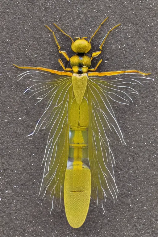 Image similar to transparent rare insect with reaction diffusion patterns. with wings, top down view. close up photo. high detail