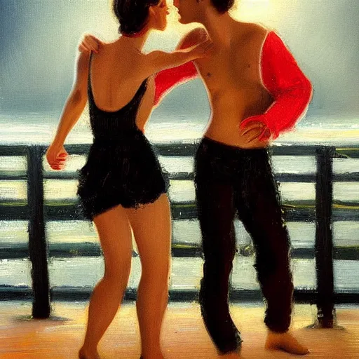 Prompt: A Colombian woman and a Caucasian man dance on a misty pier at midnight, sensual, romantic, oil painting