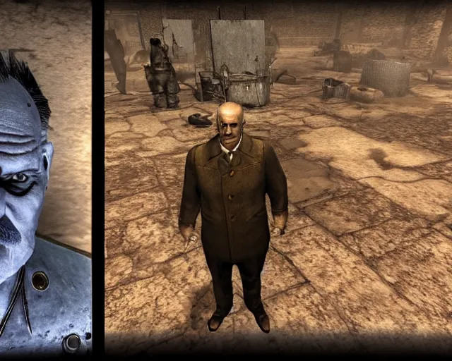 Prompt: Janusz Korwin-Mikke in the centre of a screenshot from the game Fallout: New Vegas (2010), screenshot of an NPC from Fallout: New Vegas (2010)