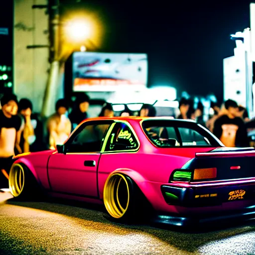 Image similar to a car S30 turbo drift at illegal car meet, shibuya prefecture, midnight mist streetlights, color grade, photorealistic, highly detailed wheels, highly detailed