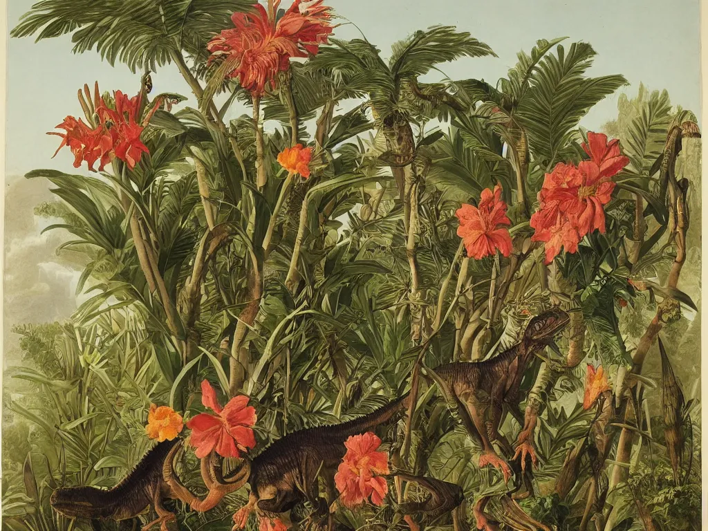 Image similar to tyrannosaurus rex, tropical plants in background, botanical, large exotic flowers, biology, painted by john audubon