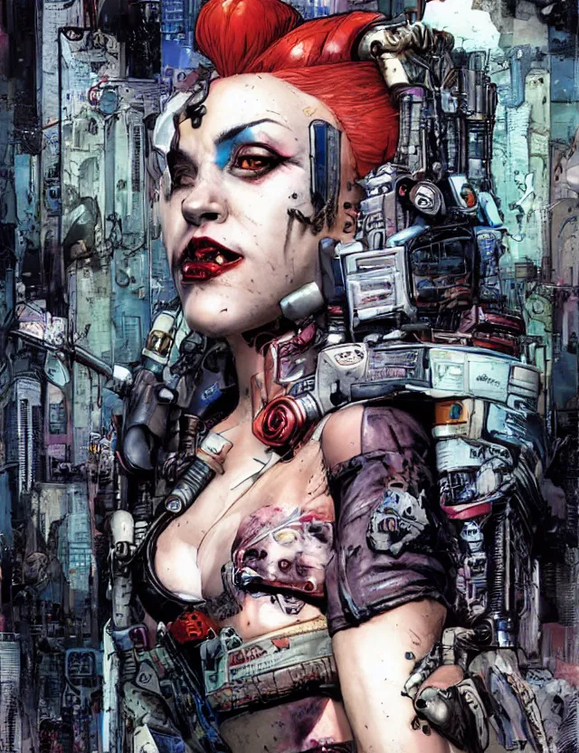 Image similar to a dream portrait of cyberpunk Harley Quinn in post apocalyptic Gotham art by Paul Dini, Travis Charest, Simon Bisley