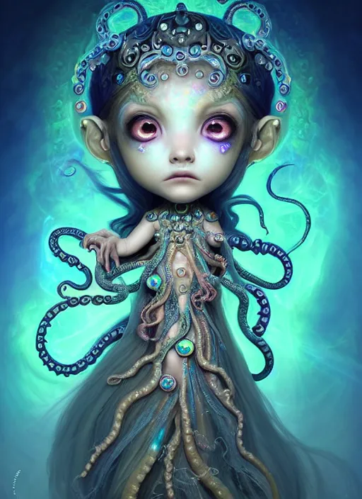 Prompt: A full shot of a cute magical monster Cryptid wearing an ornate dress made of opals and tentacles. Chibi. Subsurface Scattering. Translucent Skin. Caustics. Prismatic light. defined facial features, symmetrical facial features. Opalescent surface. Soft Lighting. beautiful lighting. By Giger and Ruan Jia and Artgerm and WLOP and William-Adolphe Bouguereau and Loish and Lisa Frank. Sailor Moon. Masterpiece. trending on artstation, featured on pixiv, award winning, cinematic composition, dramatic pose, sharp, details, Hyper-detailed, HD, HDR, 4K, 8K.