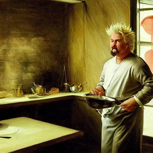 Prompt: Guy Fieri in a modern restaurant kitchen, painting by Pierre Auguste Cot, dramatic lighting, at night